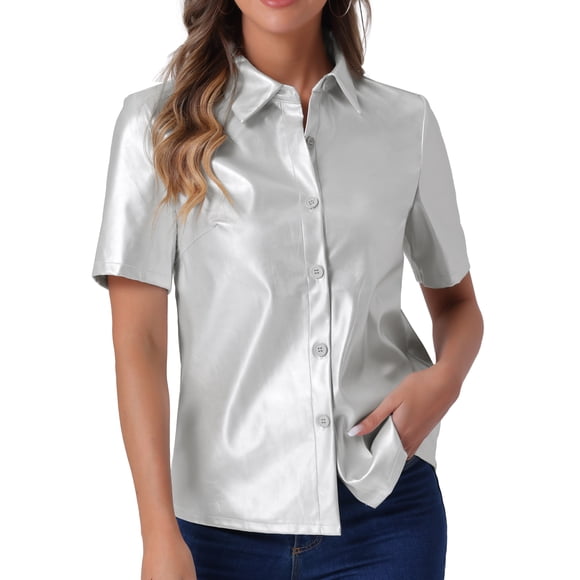 CAMISA DE CUERO PU INSPIRE CHIC CON BOTONES PARA MUJER, BLUSA DE MANGA CORTA CON COLLAR, CHAQUETA, TOP DE FIESTA Y CLUB TALLA XS PLATA
