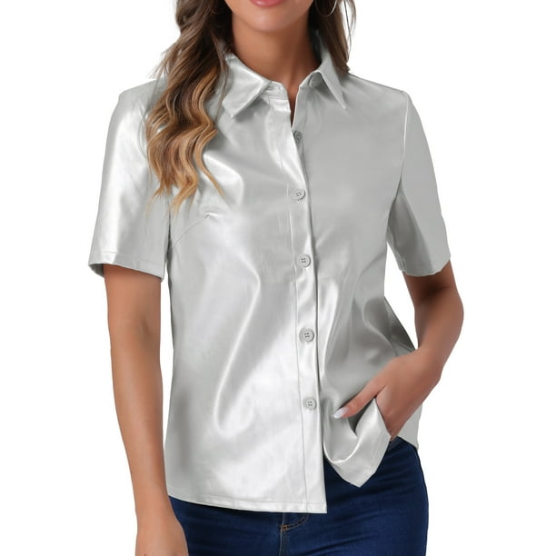 CAMISA DE CUERO PU INSPIRE CHIC CON BOTONES PARA MUJER, BLUSA DE MANGA CORTA CON COLLAR, CHAQUETA, TOP DE FIESTA Y CLUB TALLA XS PLATA