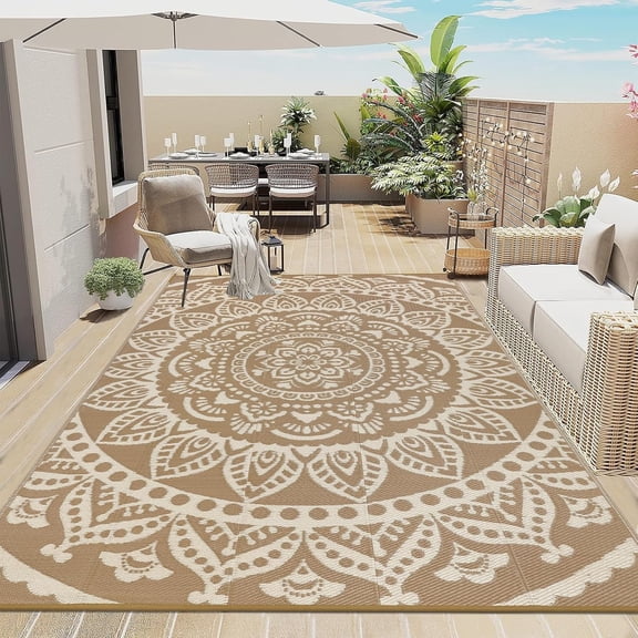 Waterproof Outdoor Rug 6'x9' Reversible Boho Plastic Straw Patio Deck Camping Rugs, Indoor Portable RV Mat Clearance Carpet for Outside, Porch, Balcony, Backyard, Beach, Pool,Brown