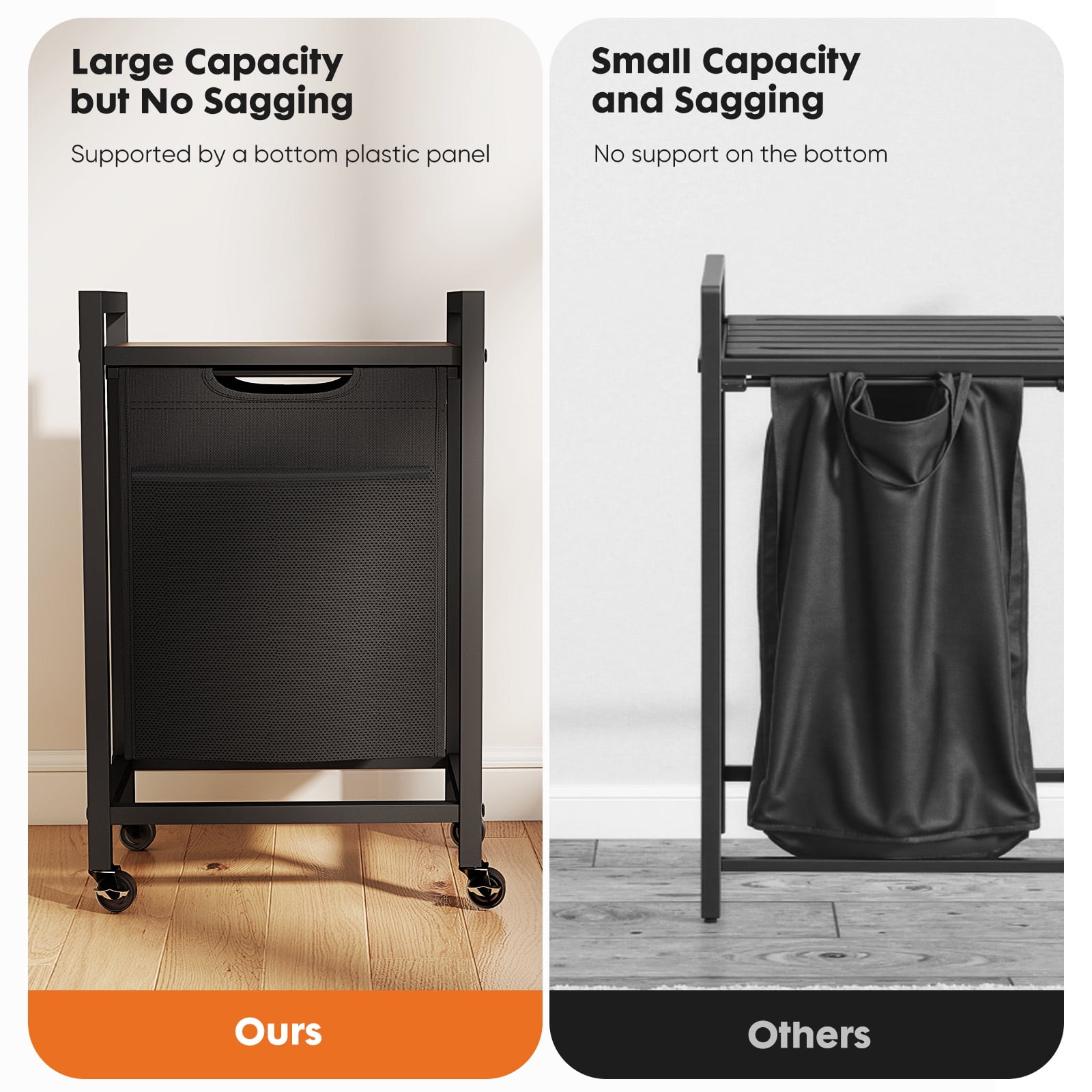 JIOABL Laundry Basket, Laundry Sorter with Shelf & 1 Pull-Out Removable Bags, Castors and Adjustable Feet, 12.4 Gallons (47 Liters) for Laundry Rooms, Bathrooms & Dorms