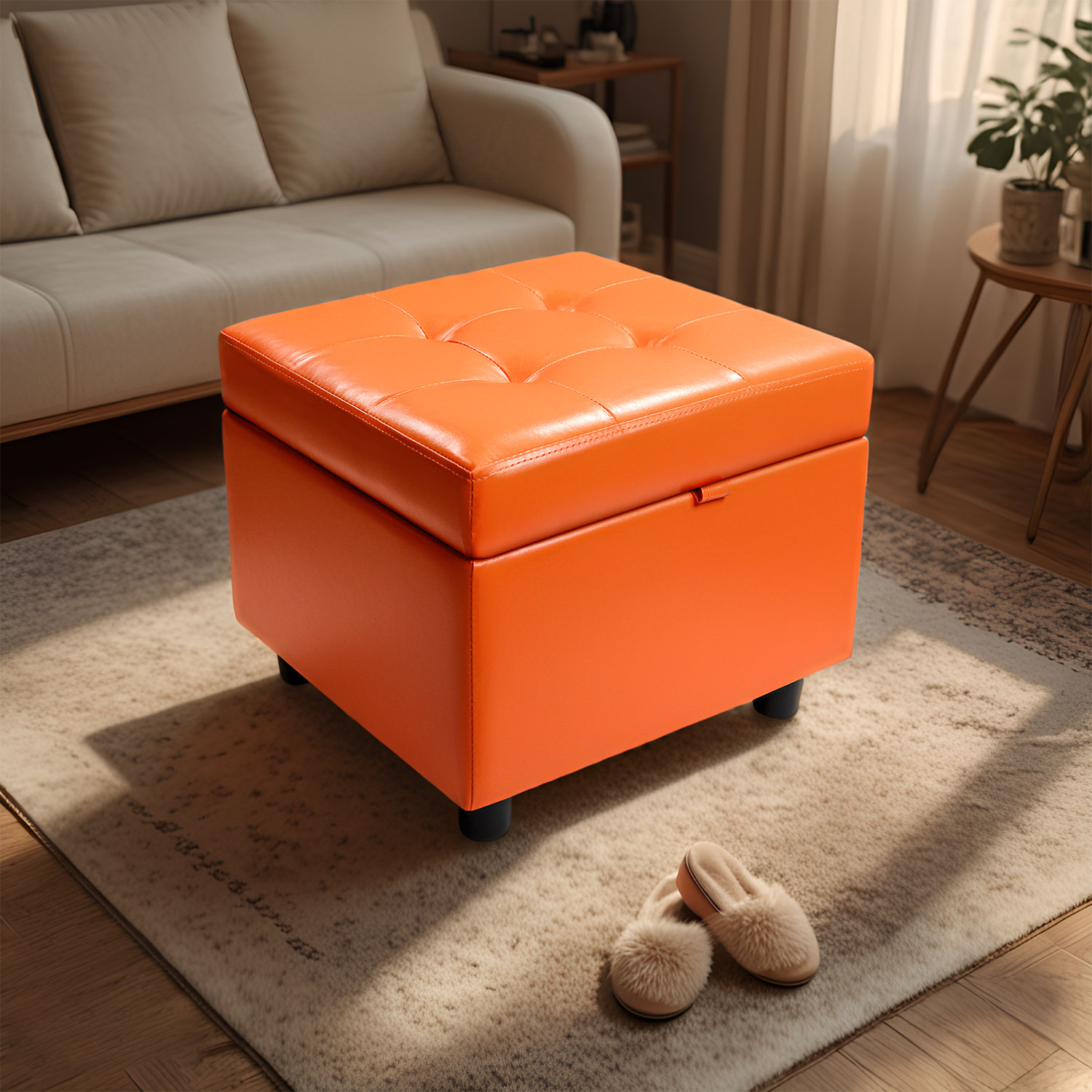 H&B Luxuries Tufted Leather Square Flip Top Storage Ottoman Cube Foot Rest (Orange with Storage)