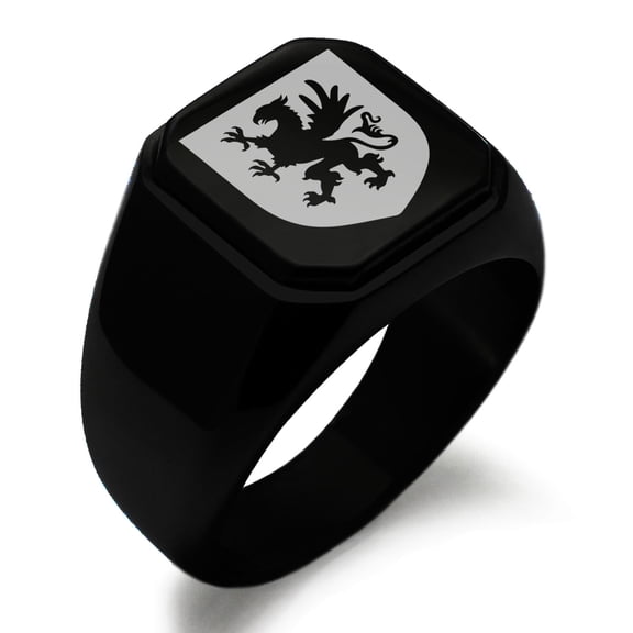 Stainless Steel Griffin Valor Coat of Arms Shield Engraved Square Flat Top Biker Style Polished Signet Ring