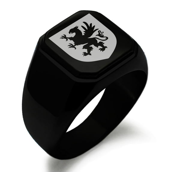 Stainless Steel Griffin Valor Coat of Arms Shield Engraved Square Flat Top Biker Style Polished Signet Ring
