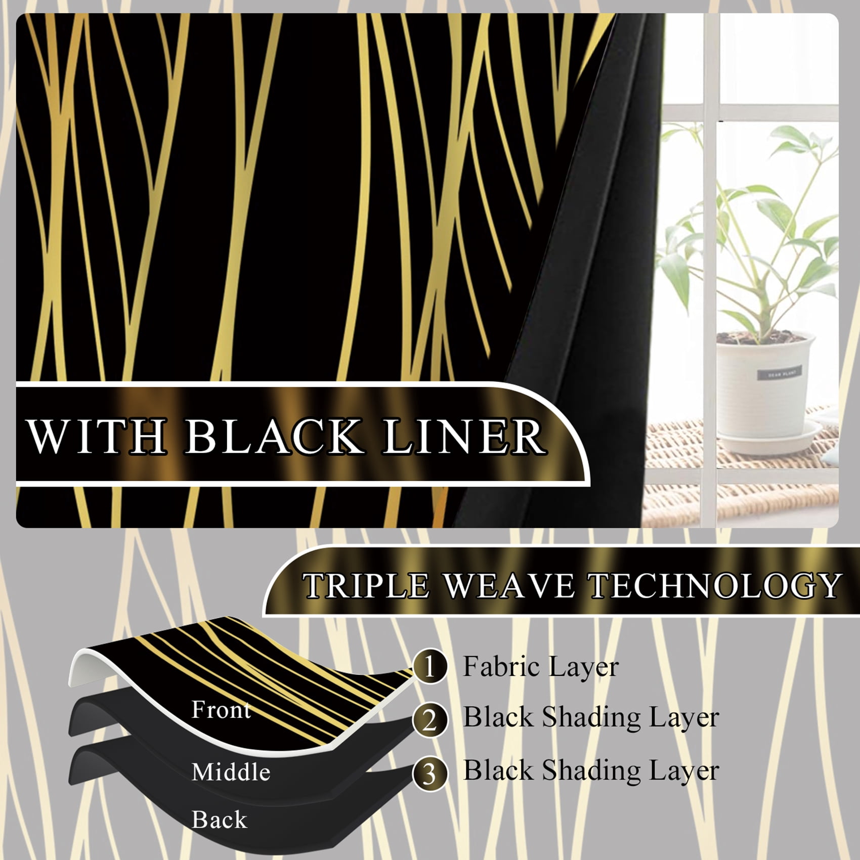 Dashan Golden Wave Line Blackout Curtains for Bedroom Living Room Decor Grommet Window Drapes 52x84 Inch,2 Panels