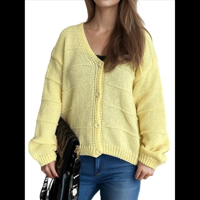 Suéter Tipo Cárdigan con Botones para Mujer, de Otoño, Holgado e Informal, de Punto Amarillo S