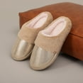 thumbnail image 2 of Womens Memory Foam Fuzzy Slippers Leather Shiny Plush Slippers Home Cotton Slippers Comfy Slip-On Warm House Shoes Gold Size 6, 2 of 9