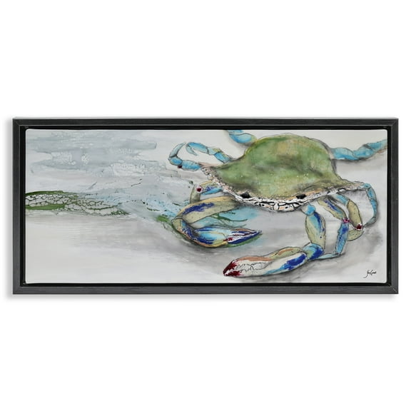 Stupell Industries Vivid Crab on Beach Shoreline Animals & Insects Painting Black Floater Framed Canvas Art Print Wall Art, 25 x 11