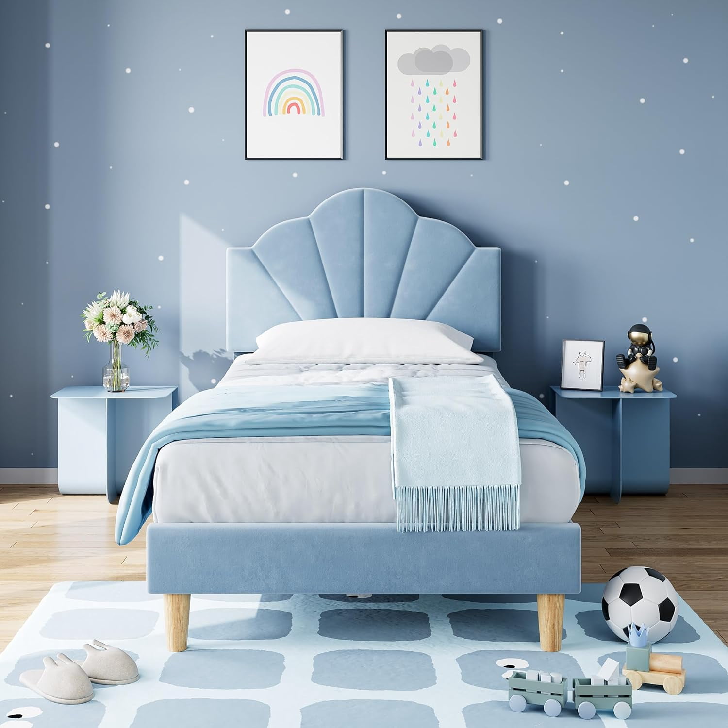 Towallmark Twin Bed Frame, Velvet Upholstered Platform Bed Frame with Height Adjustable Headboard for Boys & Girls, Wood Slat Support, Easy to Assemble, No Box Spring Needed, Light Blue