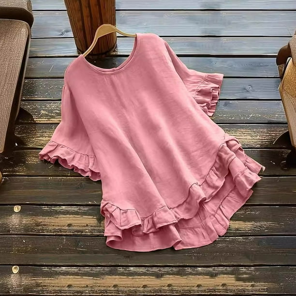 Fiudx Ofertas Relámpago Blusa de Ramio para Mujer, Blusa de Manga Corta con Cuello Redondo y Botones, Informal, Holgada, Color Sólido, Primavera y Verano