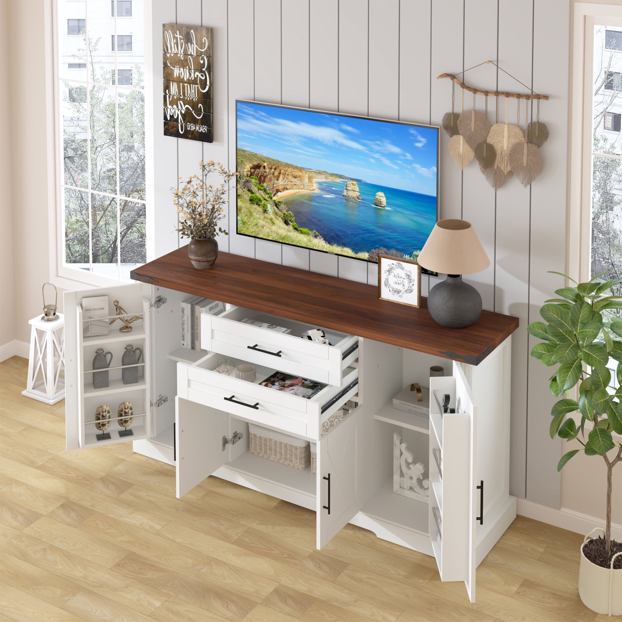 Mintazer 63" Farmhouse Sideboard Buffet Cabinet with 2 Drawers & Door Rack, Modern Storage Cabinet with Adjustable Shelves for Entryway Kitchen Living Room Dining Room, White
