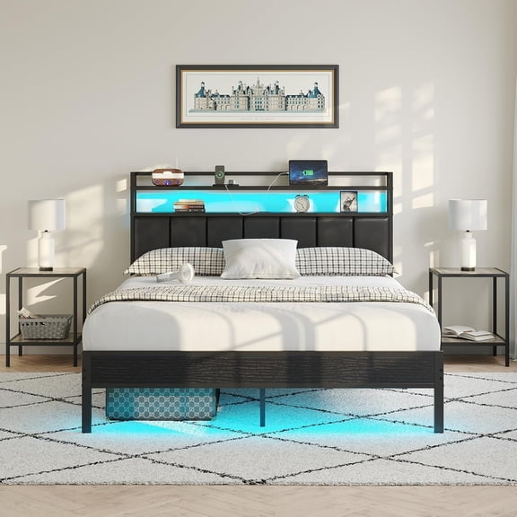 Queen Size Bed Frame with Charging Station and LED Lights, Metal Bed Frame with Headboard, Black Upholstered Headboard with 2-Tier Storage Shelves, Noise Free, No Box Spring Needed