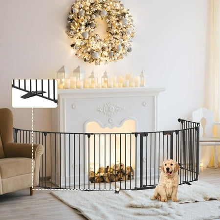Dog Gate 27.5"-199" Extra-Wide Playpen, Freestanding Pet Gate, Puppy Fence with Auto-Close Door, Double Locking System for Fireplace, Foldable (Black, 8 Panels)