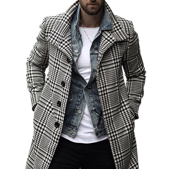 Coat Men'S Long Men'S Warm Wool Coat Winter Jacket Winter Coat Winter Casual Business Slim Fit Jacket Thick Windproof Warm Coat Houndstooth Print With Stand-Up Collar Pocket