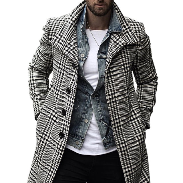 Abrigo largo de lana cálido para hombre, chaqueta de invierno, abrigo de invierno, chaqueta informal de negocios de corte entallado, abrigo grueso y cálido a prueba de viento, estampado de