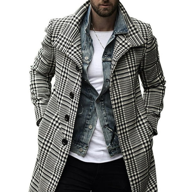 Abrigo largo de lana cálido para hombre, chaqueta de invierno, abrigo de invierno, chaqueta informal de negocios de corte entallado, abrigo grueso y cálido a prueba de viento, estampado de