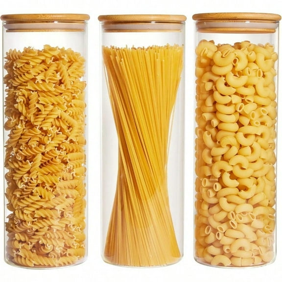 Vtopmart Glass Food Storage Jars 7 Pack Kitchen Containers with Airtight Bamboo Wooden Lids for Pasta Cookies Nuts Coffee Beans Cereal Canisters Set for Flour Pantry Organization BPA Free