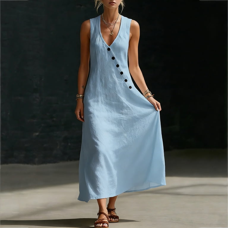 Aohooy Summer Linen Tank Dress Women Sleeveless V Neck Button Down A-Line Tunic Sundress with Pocket Beach Vacation Blue,S, Women's, Size: Small