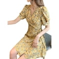 thumbnail image 3 of Women'S Summer Sundress: Floral Short Sleeve V-Neck Wrap A-Line Midi Dress Yellow M, 3 of 8