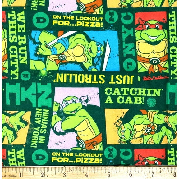 1 Fat Quarter - Teenage Mutant Ninja Turtle Look Out for Pizza Green Cotton Fabric - 21" X 18"