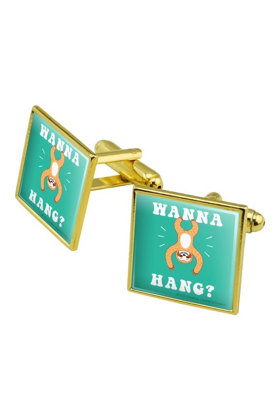 Wanna Hang Want Sloth Funny Humor Square Cufflink Set - Silver or Gold