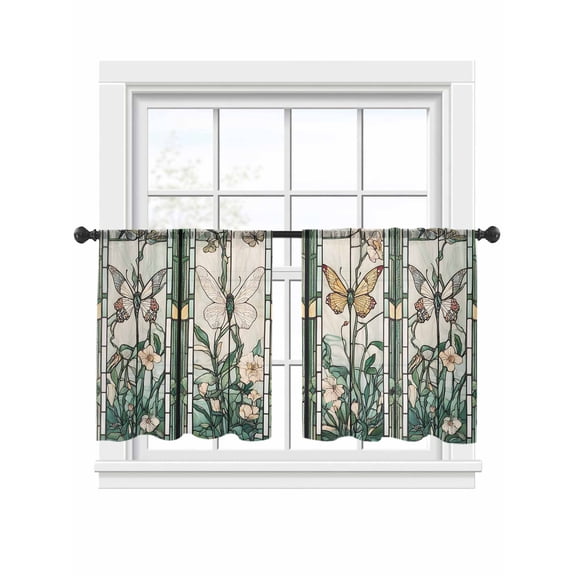 Retro Window Flowering Sheer Curtains 2 Panels Set Green Floral Leaf Butterflies Sheer Window Curtains Light Filtering Rod Pocket Voile Drapes for Bedroom Living Room 52"x54"