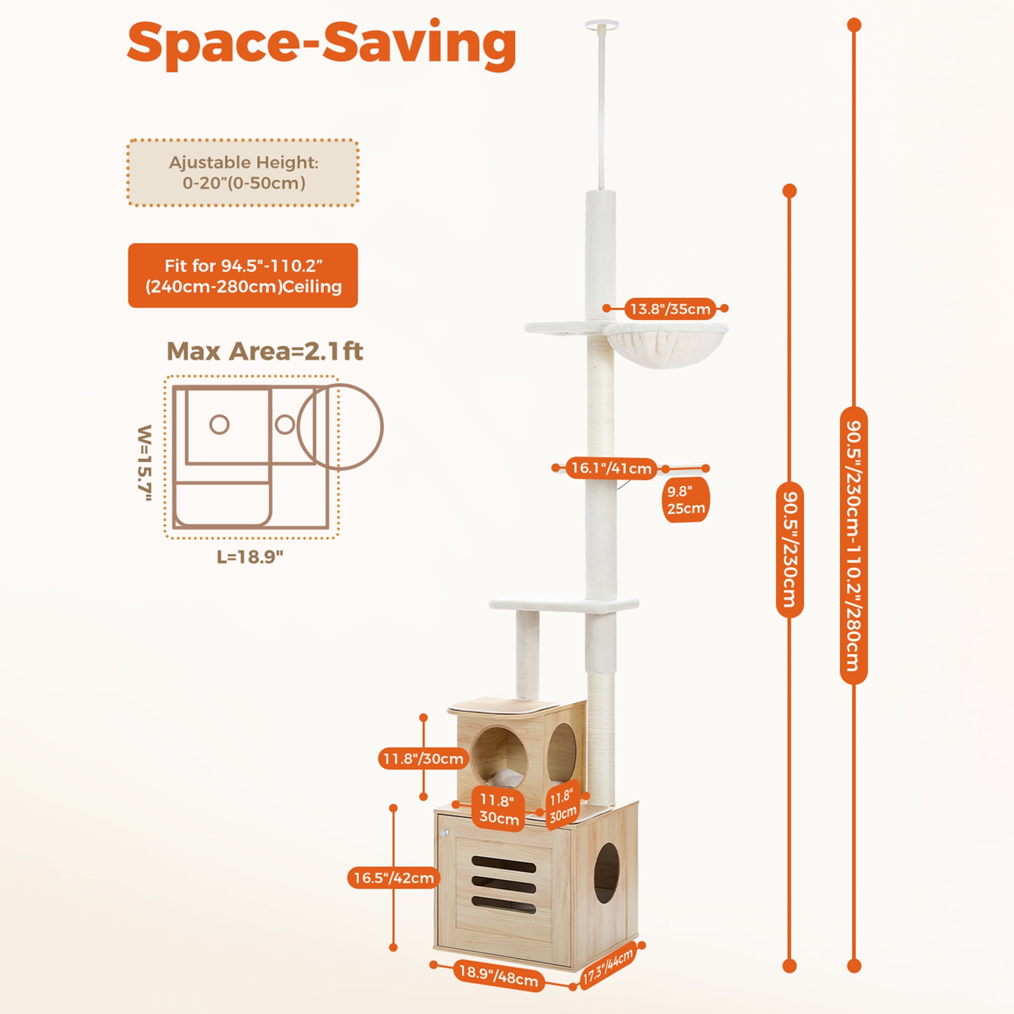 Pefilos 90"-110" Adjustable Height Cat Tree Tower Floor-to-Ceiling, Multi-Level Cat Activity Center, Cat Condo with Litter Box Enclosure, Beige Pefilos 90"-110" Adjustable Height Cat Tree Tower Floor-to-Ceiling, Multi-Level Cat Activity Center, Cat Condo with Litter Box Enclosure, Beige