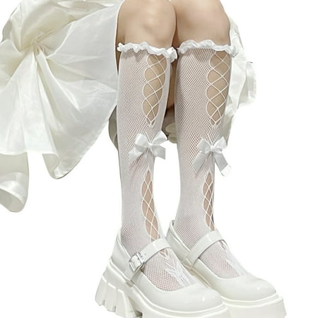 

FAIOIN Women Lolita Fishnet Calf Socks for Cross Holes Sweet Ruffle Trim Satin Bow Stoc