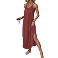 thumbnail image 1 of Daiosportswear Robe Longue d'Été pour Femmes à Couleur Unie, Col Rond, Bretelles, Sans Manches, Ourlet Arrondi, Bretelles, Dos Nu, Robe de Plage; Robe à Manches Courtes pour Femmes, Bourgogne P(S), 1 of 4
