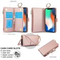 thumbnail image 3 of ELEHOLD For iPhone XR Phone Case Leather Crossbody Zipper Card Wallet Flip Case Kickstand Cover, with Ring Holder,Full Body Protection-Rosegold, 3 of 7