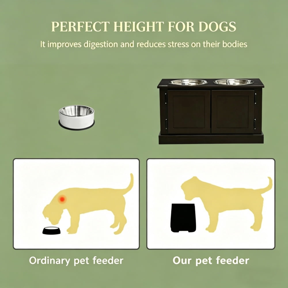 Elevated Dog Bowls with Storage Cabinet, Raised Pet Feeder Station with Removable Stainless Steel Bowls, Coffee MDF Feeding Stand for Large Dogs