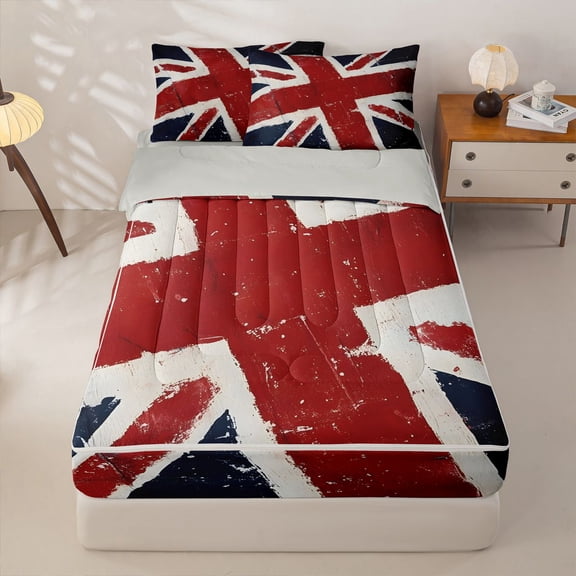 Manfei Vintage Union Jack Zipper Twin Comforter Sets with Fitted Sheet and 2 Pillowcases,Red White Navy Zipper Bedding Set,Light Gray Reversible,4pcs