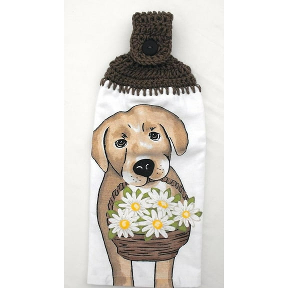 PUPPY WITH A BASKET OF DAISIES - PANSIES & DAISIES - DOUBLE/FULL CROCHET TOP HANGING KITCHEN TOWEL