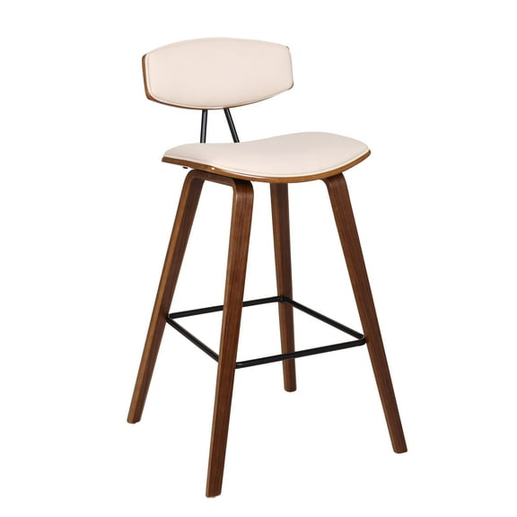 Armen Living Fox 28.5" Seat Height Cream Faux Leather and Walnut Wood Mid-Century Modern Bar Stool