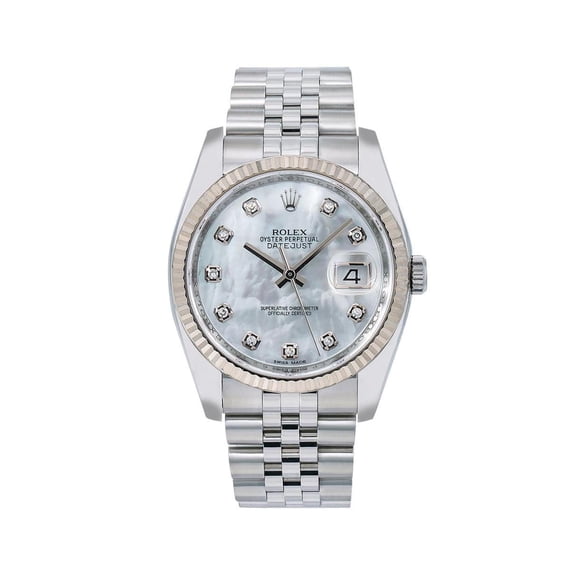 Pre-Owned Rolex Datejust 36MM 116234 White Mother of Pearl Diamond Dial Fluted Bezel Stainless Steel Jubilee Bracelet