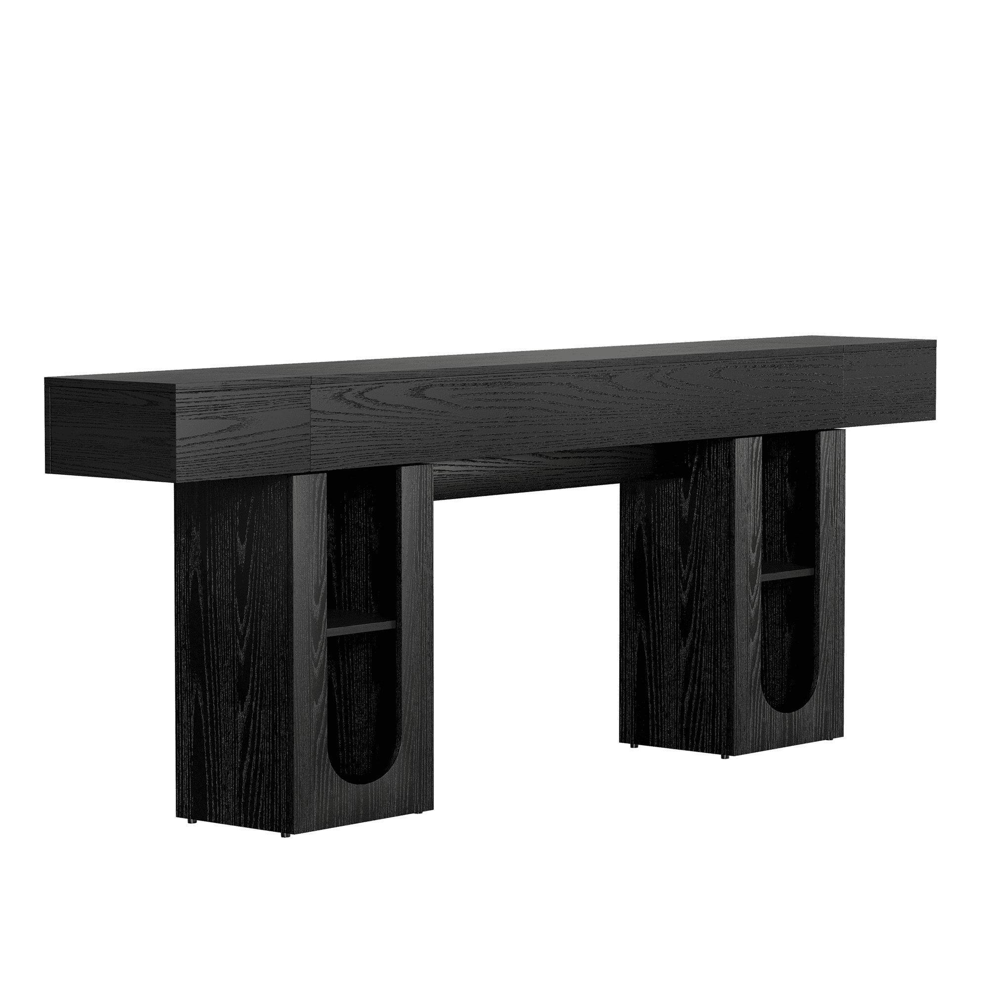 Mintazer 79" Modern U-Shaped Console Table with Charge Station, Entryway Table with Storage Shelves, Sofa Table for Entryway Hallway Living Room, Black