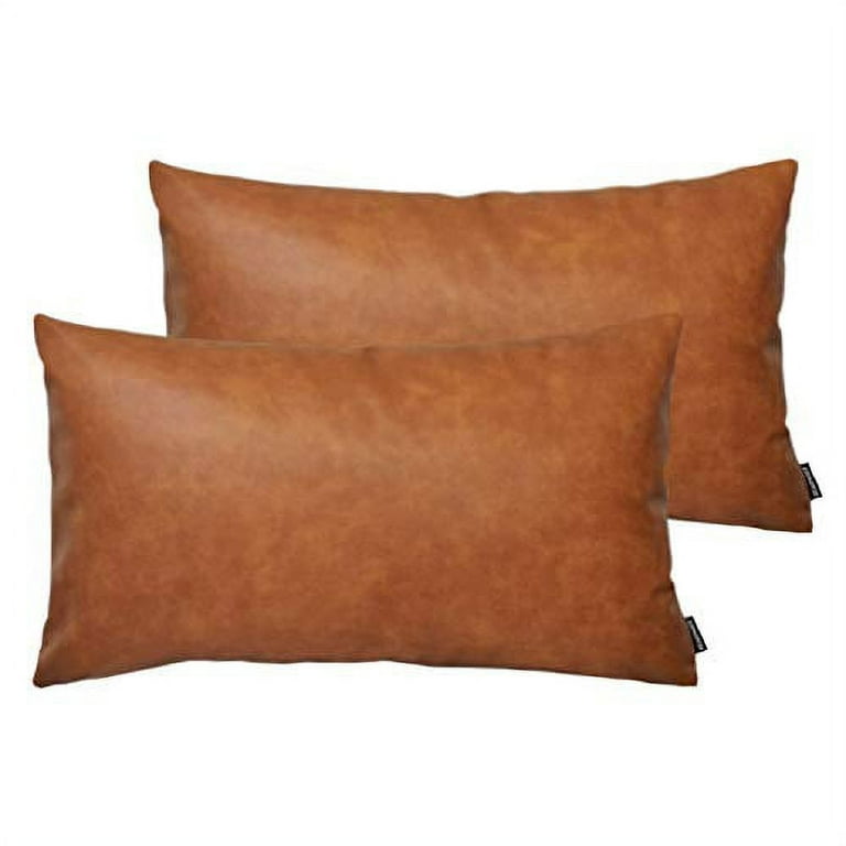 HOMFINER Set of 2 Thick Faux Leather Lumbar Throw Pillow Covers 12x20 Modern Farmhouse Boho Small Long Accent Scandinavian Decor Rectangle Decorative Cushion Cases for Couch Bed Sofa Cognac Brow Walma...