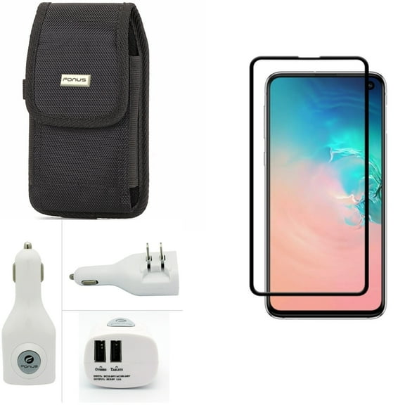 Galaxy S10e Screen Protector w Car Home Charger w Case Belt Clip - Tempered Glass 5D Curved Edge, 2-Port USB 2-in-1 Power, Rugged Holster Canvas for Samsung Galaxy S10e Phone