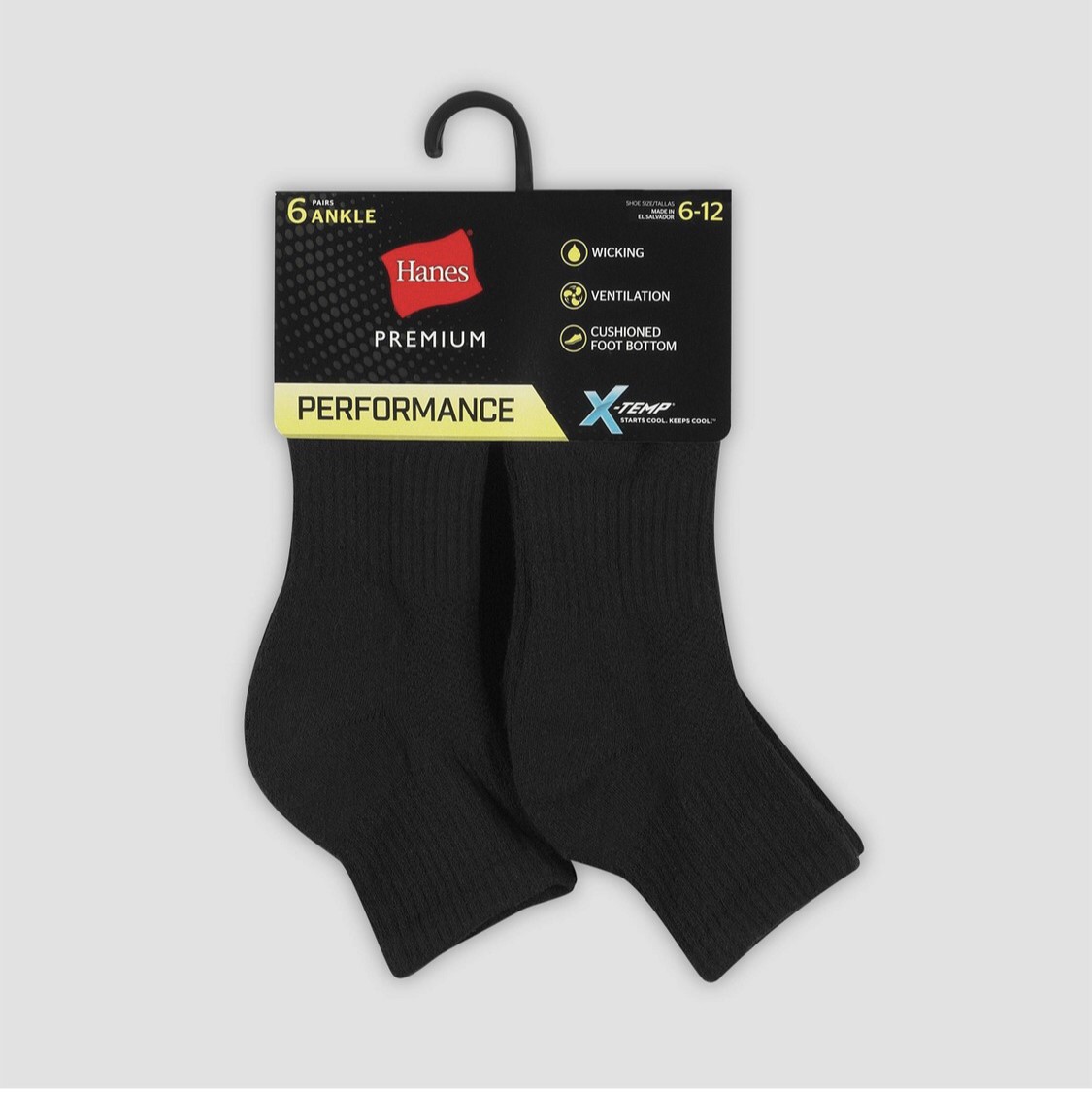 Hanes Men's Premium Performance Cushioned Ankle Socks 6-pk - Black, 6-12