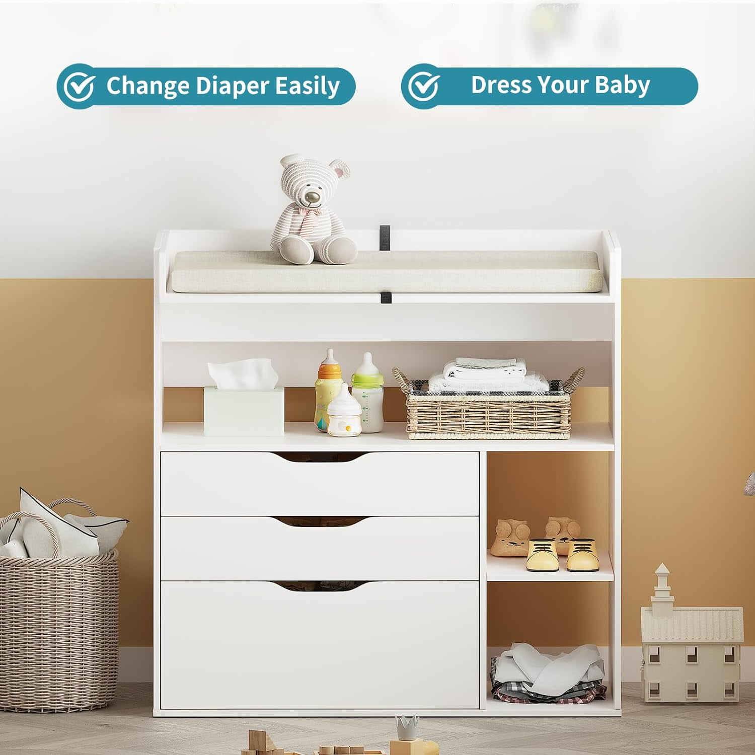 Linor Baby Changing Table Dresser with 3 Drawers and 3 Storage Shelves, Can be Used as a Baby Dresser with Changing Table Top, a Baby Changing Station, a Wood Diaper Changing Station (White)