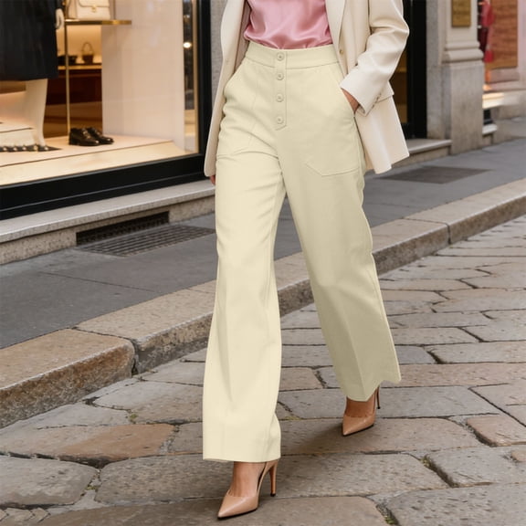 Women's High Waisted Wide Leg Pants, Single Breasted Office Trousers with Side Pockets, Structured Drape Casual Suit Pants for Work and Business Casual Beige L