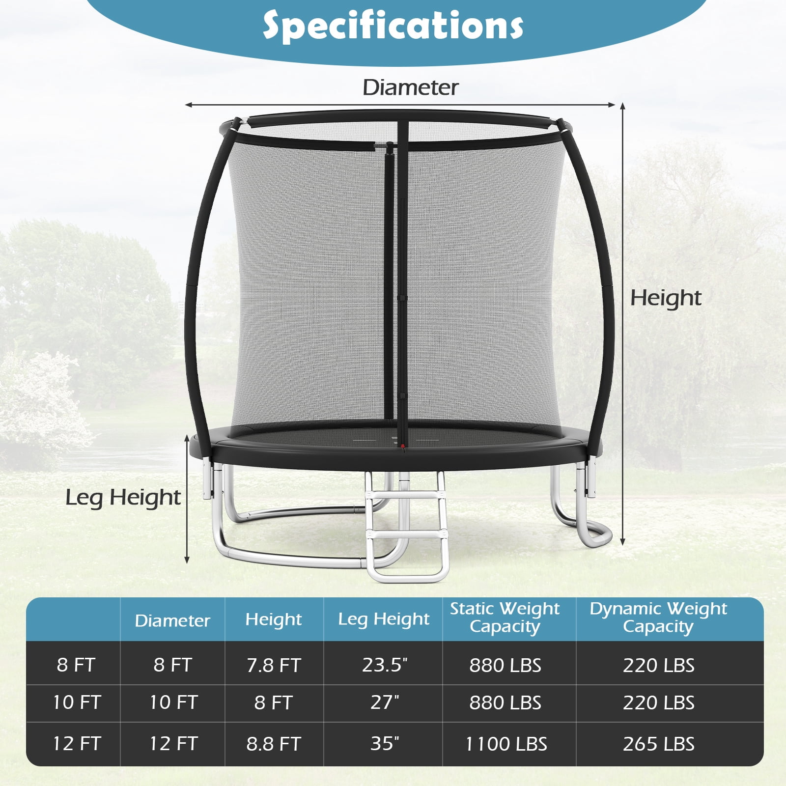 Gymax Outdoor Trampoline w/Safety Enclosure Net & Anti-Rust Galvanized Steel Frame Black