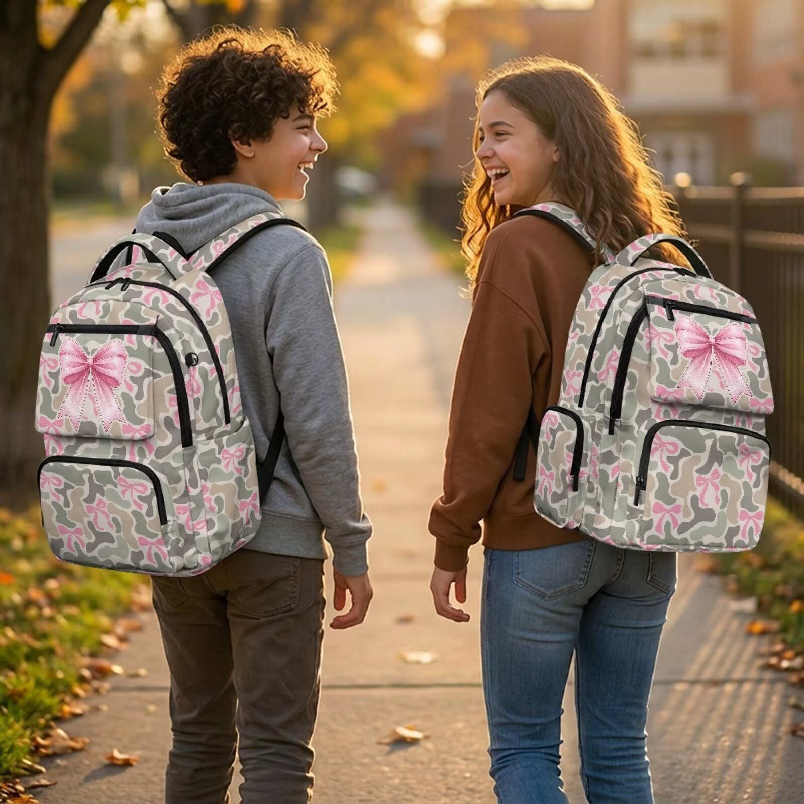Mochila rosa para niñas, con lindo estampado de moño, liviana, transpirable, duradera, impermeable, con múltiples bolsillos, para regreso a clases 2