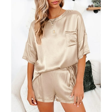 

Cuoff Women Loungewear Set Women s Casual Solid Color Pajamas Housewear Short Sleeved Shorts Loose Two Ppiece Suit