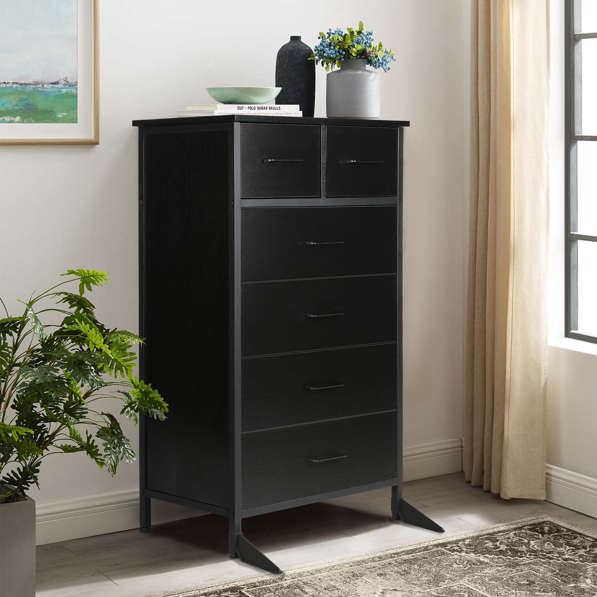 Slevoo 6 Drawer Dresser for Bedroom, Storage Cabinet Wooden Dresser, Steel Wood Frame, 42.1''H Black