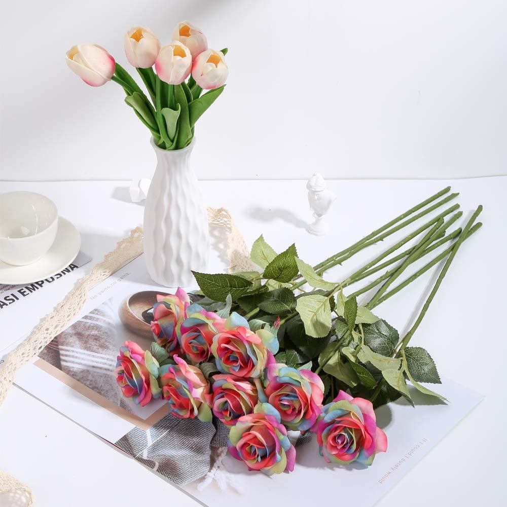 Artificial Rainbow Flowers, Rainbow Roses Bouquet Fake Rainbow Roses Real Touch Roses Silk Flowers for Floral DIY Home Wedding Decor Party Garden Bridal Bouquets Decorations (Rainbow)