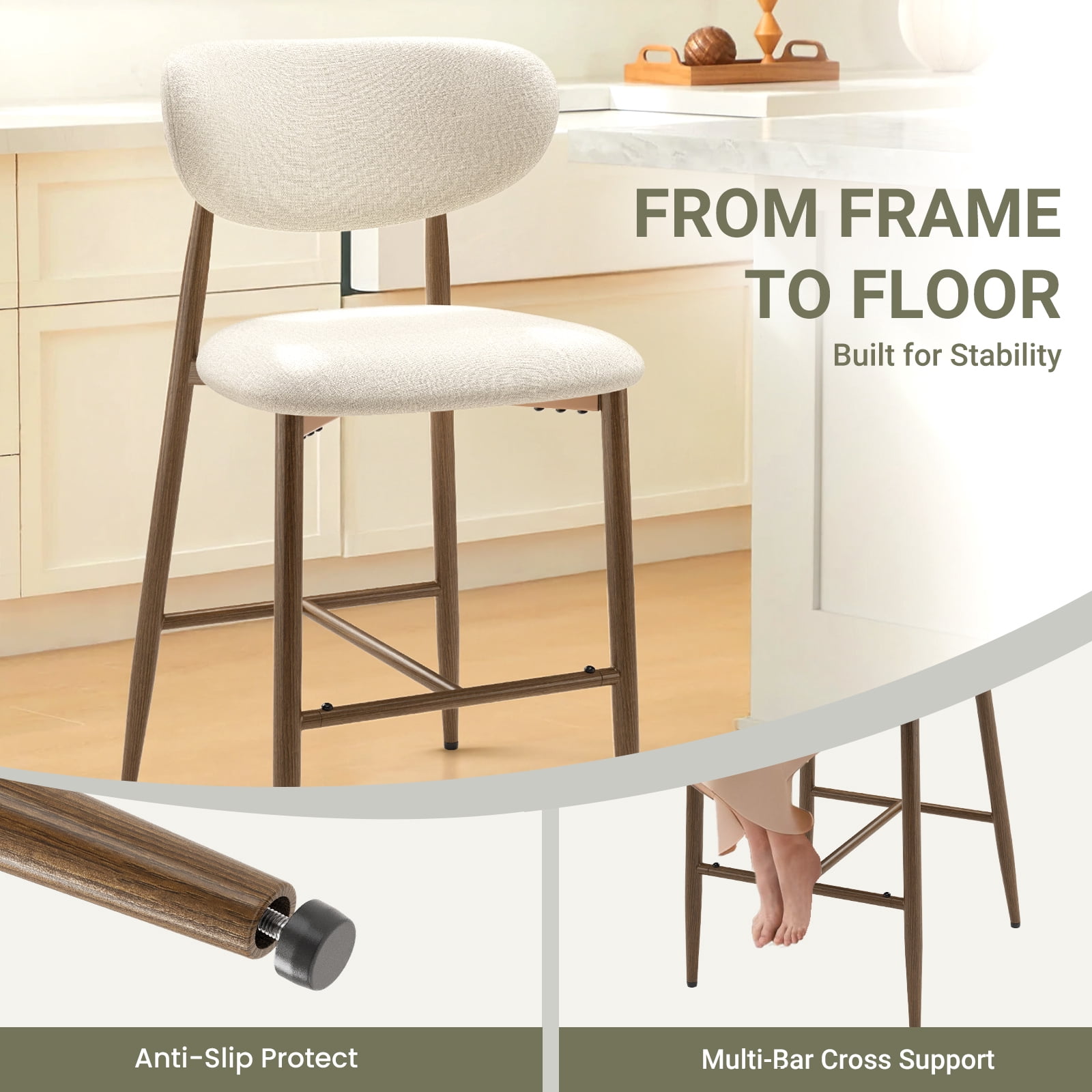 AFO Counter Height Bar Stools Set of 4, Modern Upholstered Kitchen Island Chairs with Back, Wood Grain Metal Legs, Beige