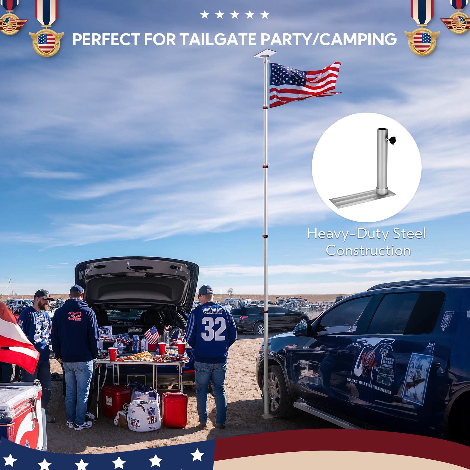 Yescom EZ GO 14ft Telescopic Flag Pole Kit with Starlink Mini Pipe Adapter & Tire Mount Base for Outdoor Tailgate Party