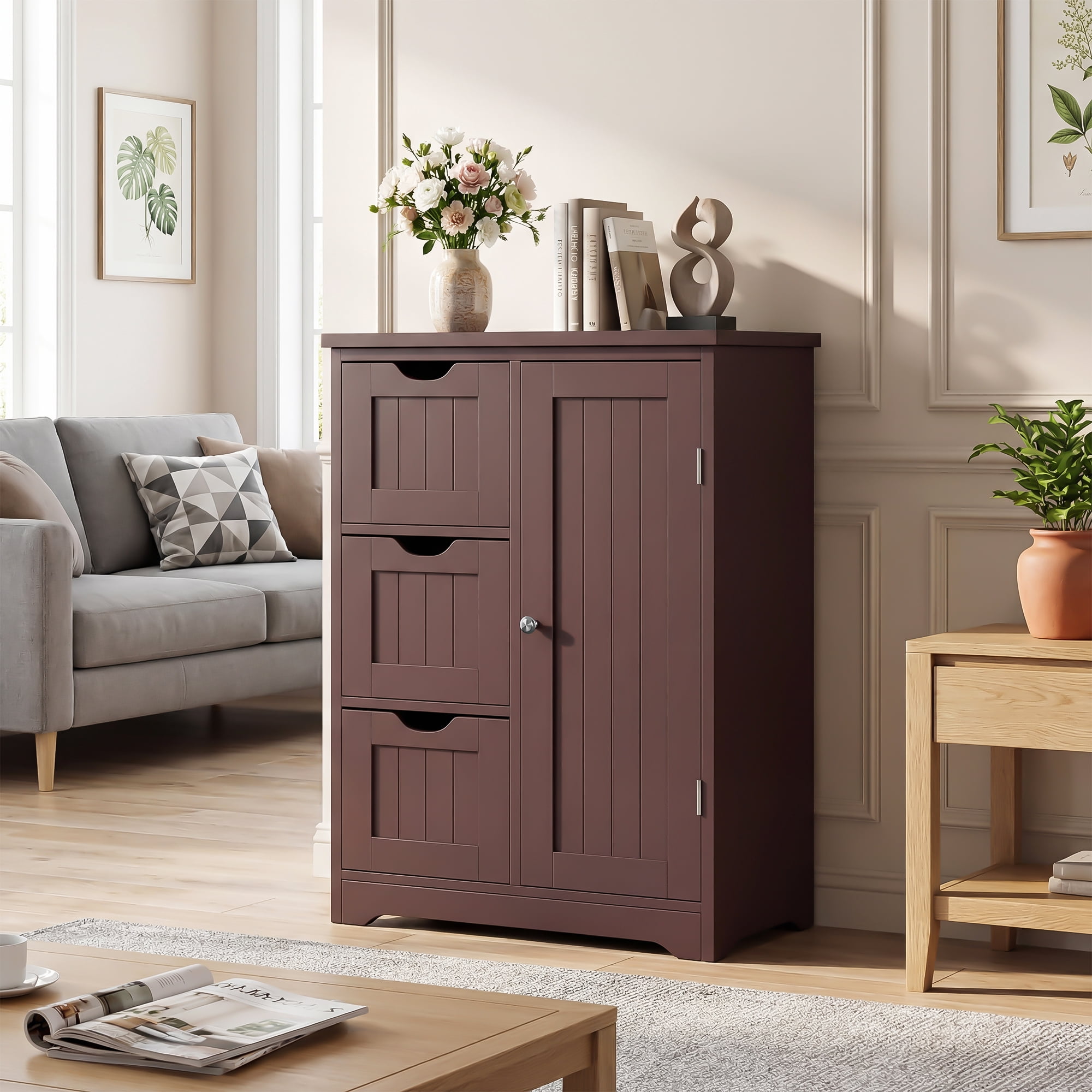 HomGarden 31.5-in Bathroom Floor Cabinet Freestanding Storage Organizer W/ 3 Drawers & Adjustable Shelf for Living Room, Entryway, Brown