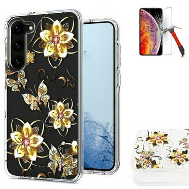 For Samsung Galaxy S24 FE Clear Dual-Layer Shockproof Case with Screen Protector (Golden-Butterfly-Tempered Glass)