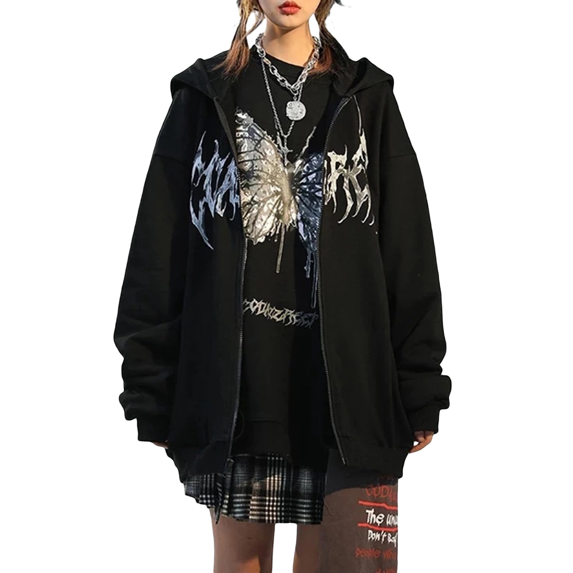 Tregren Women Y2K Vintage Oversized Zip Up Hoodie Sweatshirt Butterfly  Print Gothic Grunge Jacket - Walmart.com